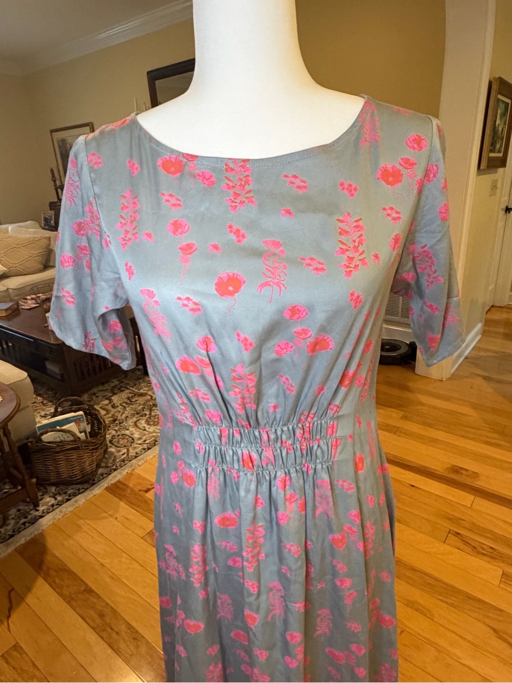 Mata Traders Floral Midi Dress Small Grey Pink Smocked Waist Fair Trade Boho
